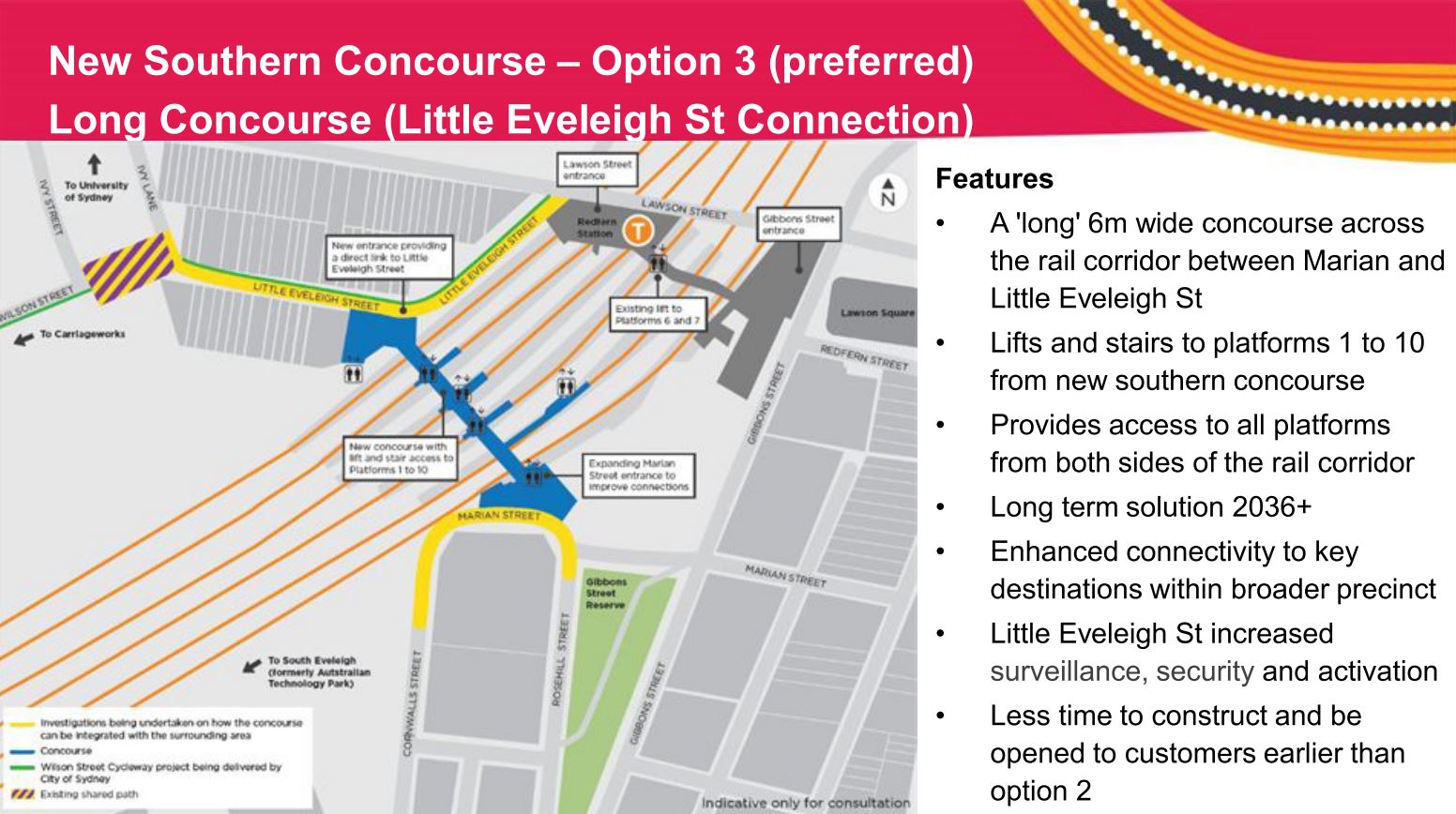 Redfern Station Option for Southern Concourse connecting through Little Eveleigh and Marian Streets - TfNSW 2019